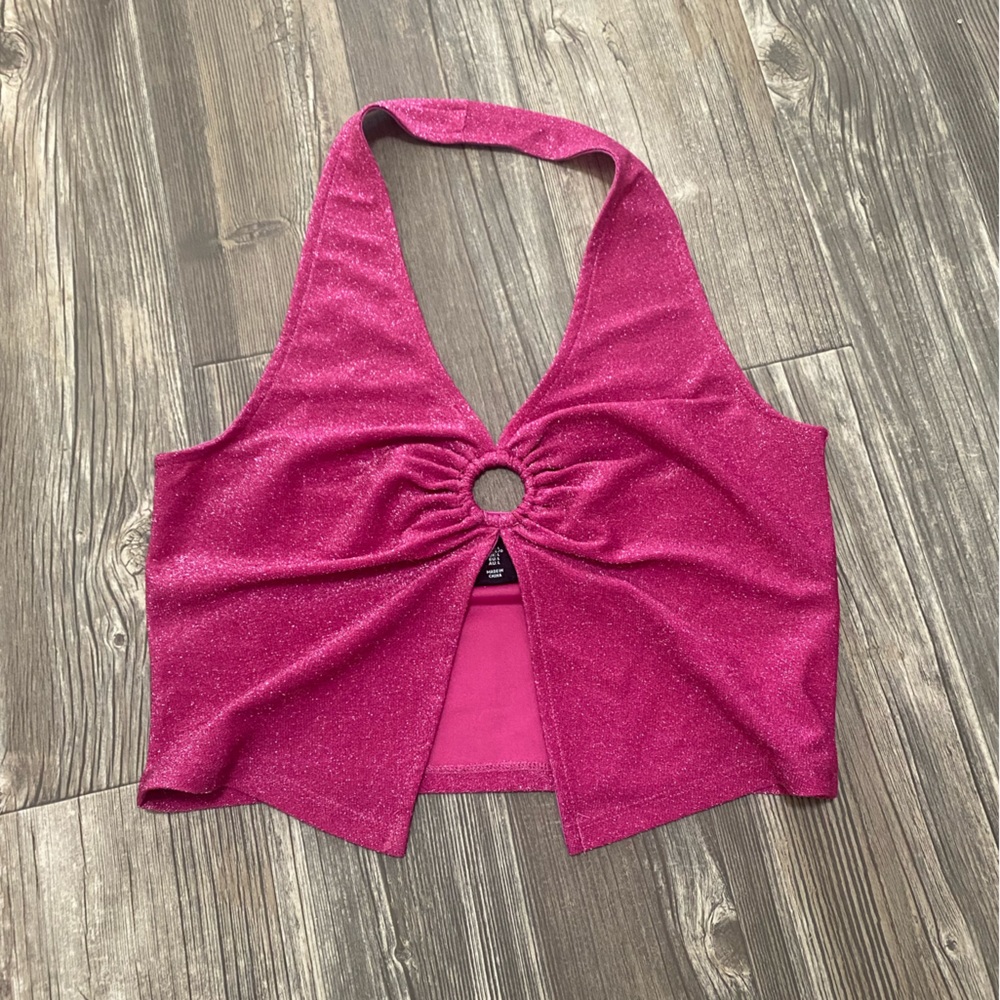 Pink Glitter O-ring Halter Crop Top
